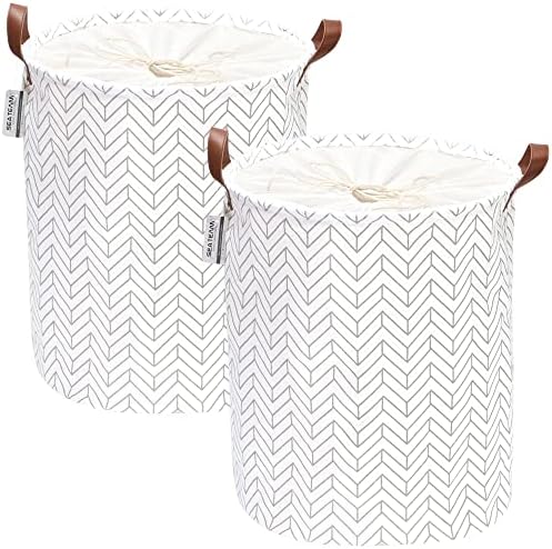 Sea Team Tree Pattern Laundry Hamper Canvas Fabric Laundry Basket Collapsible Storage Bin with PU Leather Handles and Drawstring Closure, 19.7 by 15.7 inches, Waterproof Inner, Grey