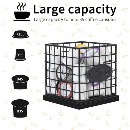 Image of YINMIT K Cup Holder Organizer, Sturdy Coffee Pod Holder Organizer, 35 Kcup Large Capacity Storage Basket for Kitchen Counter and Office Desktop (Black-Square)