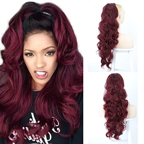 Ponytail Hair Extensions Clip in Human Hair Long Wavy Curly Drawstring Synthetic Hair Extensions Hairpieces Accessories for Women 24 Inch (Wine Red) 040-118#