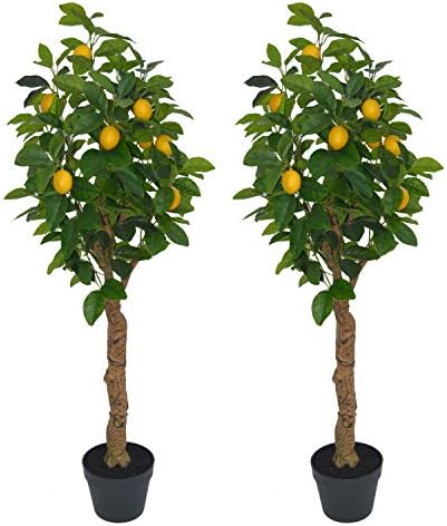AMERIQUE Pair 4 Feet Gorgeous & Lifelike Six-Branch Artificial Trees with Various Size Lemon Fruits, with Sculpting Resin Trunks and Pot, Real Touch Tech, 48" Each, Green and Yellow, 2
