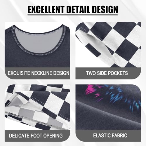 Checkerboard Plaid Cool Cat Sunglass Dark Pajama Set Short Sleeve Nightwear Soft Clothes Set Summer Pajamas Cotton 5Y4