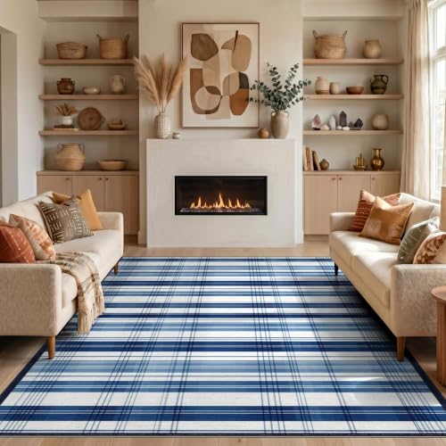Adiugt 3'x5' Navy Dorm Striped Plaid Design Washable Accent Rug