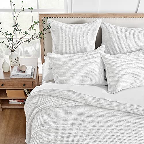 Image of Levtex Home Mills Waffle King Bedspread Set (120x104in) with 2 Pillow Shams (36x20in) - Bright White - Cotton King Size Bedspread Set - Soft, Pre-Washed