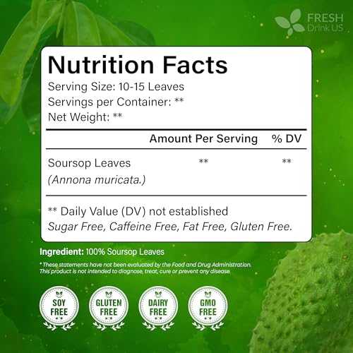 Image of FreshDrinkUS, 240+ Premium Soursop Graviola Dried Leaves Tea, 230-250 Whole Soursop Leaves, Wildcrafted, Graviola, Guanabana, Hoja Guanabana, Loose Leaf Herbal, No Gluten, Vegan (Pack of 2)