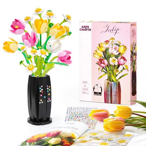 Under the Baubles Tulips Flowers Bouquet Building Set - Artificial Flowers with Vase & Daisy - Botanical Collection & Art for Adults and Kids, Home Decor Gift for Her, Him, and Mothers -580pcs