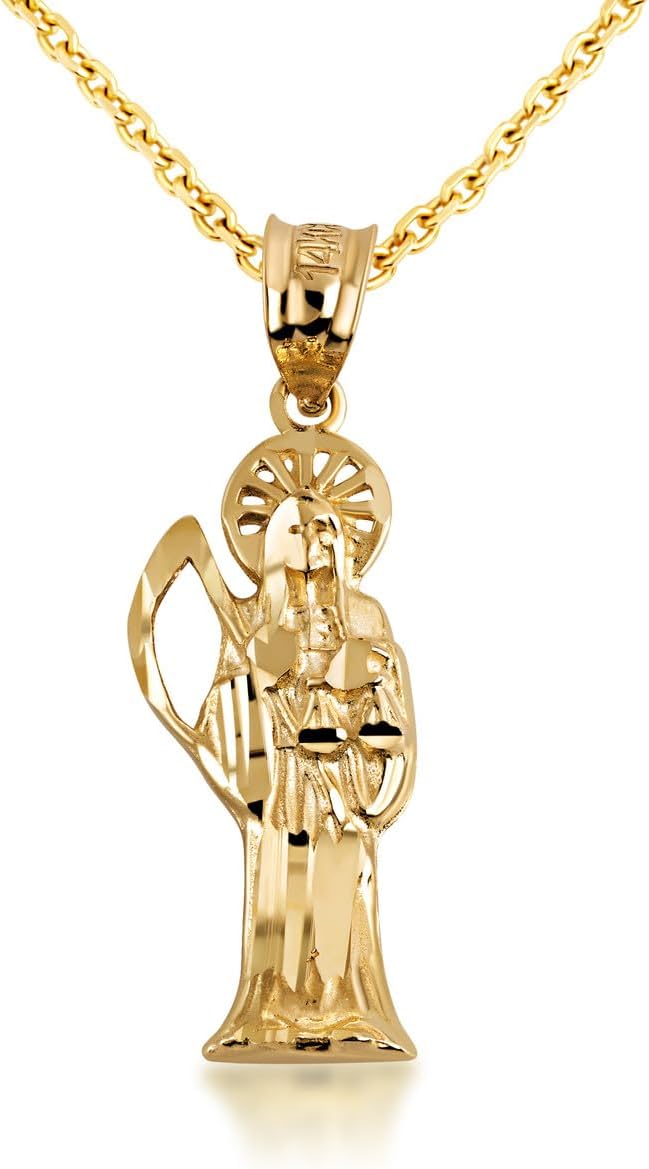 Gold Sparkle-Cut Santa Muerte, Our Lady of Holy Death Necklace | 10K or 14K Yellow, Rose, or White Gold | Choice of Pendant Only or Chain Length