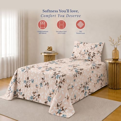 Image of Jaipur Weaves Bedsheet Single Size 100% Pure Cotton Bed Sheet with 1 Pillow Cover, 240 TC Premium Bedding Set, 63x90 inches, Super Soft Cozy(Spring Tulips Pink)
