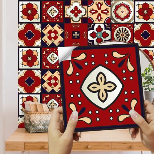 Azulejos Adhesivos Cocina y Baño - Flores Rojas Elegantes, PVC Impermeable, Vinilo Pared Autoadhesivo, Decorativos - 10 Piezas/15x15cm