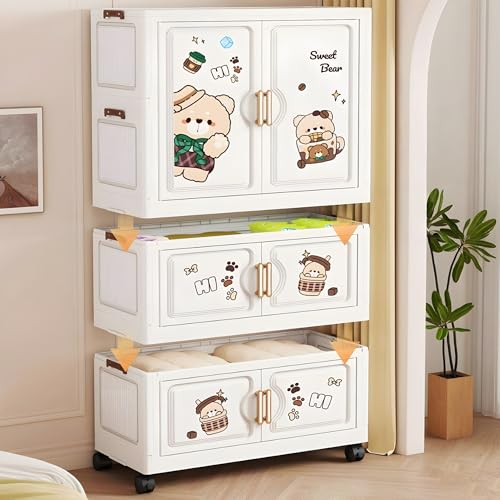 Image of Mevigo 3-Door Plastic Wardrobe for Kids| Almirah and Wardrobe for Baby Clothes| Modular Storage Cabinet with Wheel Organizer for Cupboard Rack for Clothes /Shoes /Books /Toy -Bear-K70212
