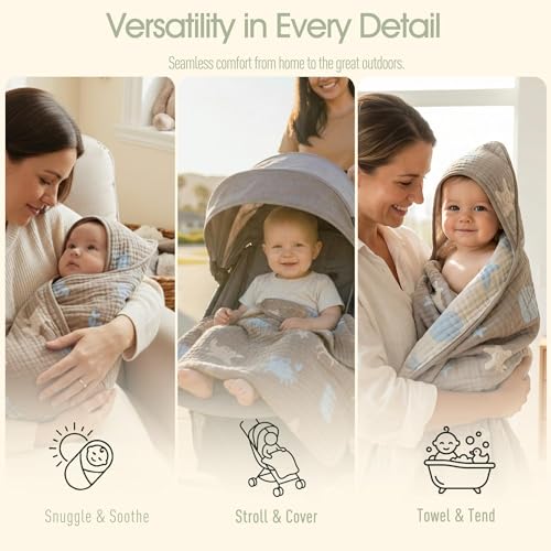 Image of Ultra-Soft Muslin Baby Hooded Towel - 32 x 32 Inches, Ideal for Bath & Beach, Suitable for Both Boys & Girls from Newborns to Toddlers(Ocean Coffee