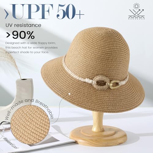 Image of Beach Sun Straw Hats for Women, UPF 50+ UV Sun Protection Wide Brim Summer Straw Hat Foldable Packable Roll up Cap