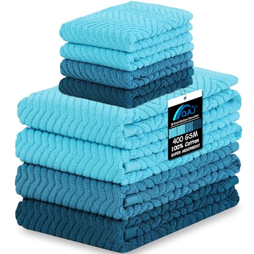 QAJ 100% Cotton Kitchen Towels and Dishcloths Set, Pack of 8 Super Absorbent 16' x 25' Kitchen Towels and 13' x 13' Dish Cloths (400 GSM)