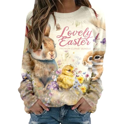 Sweatshirt femme pull ajusté manches longues imprimé Pâques beige