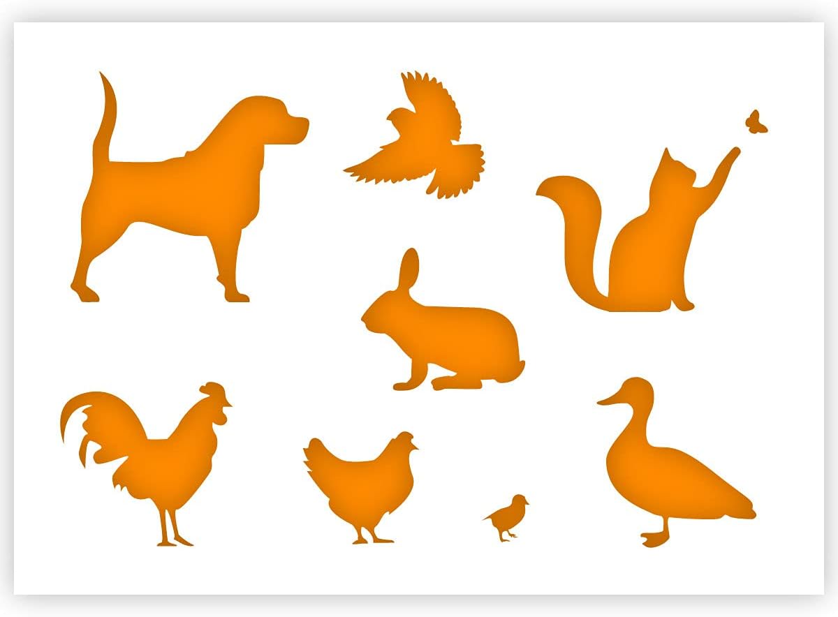 QBIX Farm Animals Stencil - Dog, Cat, Bird, Rabbit, Duck, Chicken - A5 - Reusable Kids Friendly DIY Stencil for Painting, Baking, Crafts, Wall, Furniture