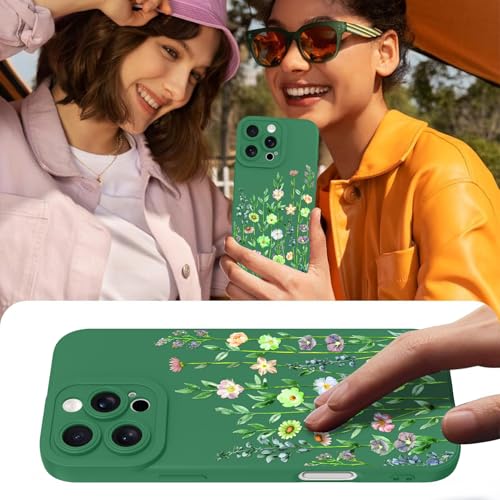 Image of Designed for iPhone 16 Pro Max Case Flower for Women Girls, Green | Cute Floral Pattern Liquid Silicone Phone Case [Full Camera Protection] Slim Soft TPU Protective Cover
