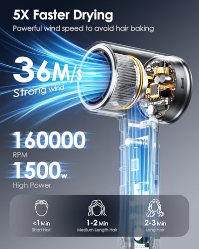 Image of Bopcal Ionic Hair Dryer, 160000 RPM Brushless Motor, Smart Thermo-Control, Negative Ion Fast Drying, Quiet Lightweight Blow Dryer, Cold Air & 2 Heat Settings, for Home Travel Salon, Black