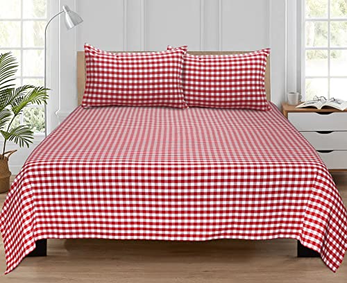 Image of AIRWILL 200GSM Handloom Cotton Double Bedsheet with 2 Pillow Covers (Gingham Check Red) - 92 x 104 Inch