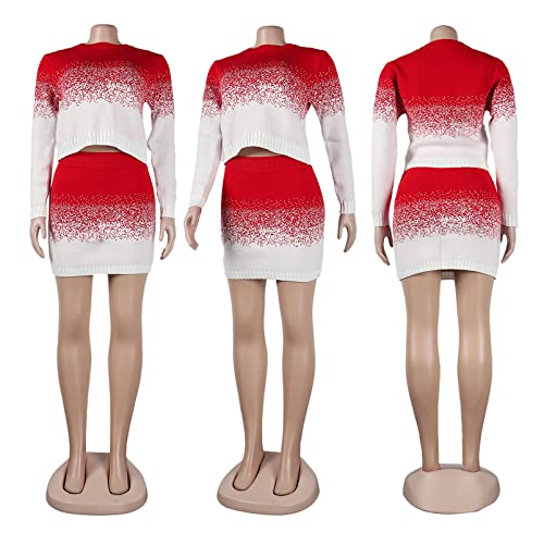 Womens Sexy 2 Pieces Tie Dye Printed Pullover Knitted Sweater Bodycon Skirts Party Clubwear Dress Sweatsuit Set Red #TOP2