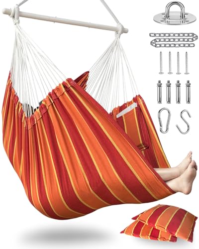 Image of XXL Hammock Chair Hanging Rope Swing with 2 Cushions - Max 500lbs-Perfect for Patio, Porch, Bedroom, Backyard, Indoor or Outdoor - Includes Hanging Hardware Kits