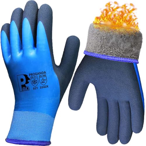 PROGANDA Waterproof Thermal Winter Work Gloves Fleece Liner Insulated Warm for Outdoor Cold Weather Car Washing Gardening Fishing Multipurpose (Blue -Grip Waterproof Thermal, L (Pack of 1))