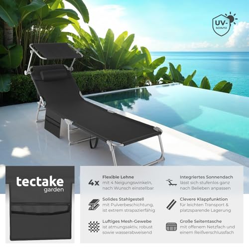 tectake® Sonnenliege klappbar, tragbar, Liege mit Seitentasche, Strandliege, Gartenliege mit Dach, Liegestuhl mit Verstellbarer Rückenlehne, inkl. Kopfkissen - für Balkon, Terrasse, Camping - schwarz