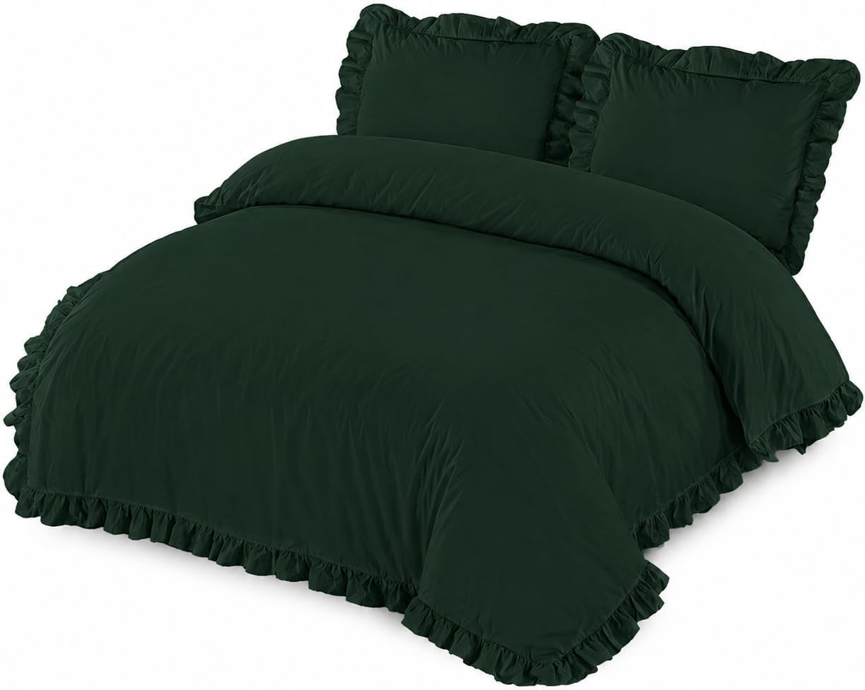 Homes-Linen Green Santiago Frilled Duvet Set Easy Care Polycotton Plain Dyed Frill Duvet Cover Set (Single, )
