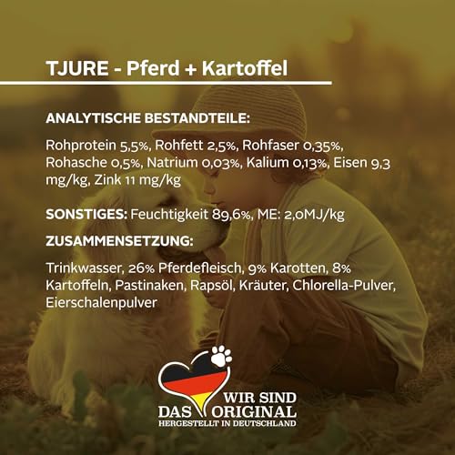 TJURE Hundesmoothie Pferd mit Kartoffel | 6 x 220 ml | Getreidefreier Smoothie für Hunde | Mit 26 % Pferdefleisch & Gemüse | Ideal als Topping & Snack | Ohne Zusatzstoffe | Made in Germany