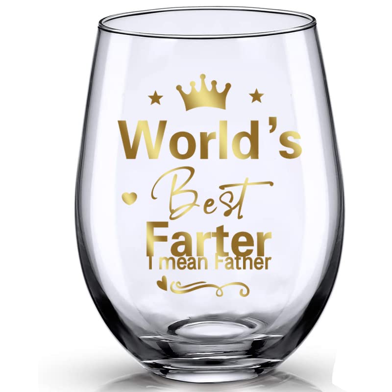 Printed Worlds Best farter~I Mean Father fathers Day Gift - Stemless Wine Glass Personalised Christmas Birthday Gift for Father from Son and Daughter 17oz (Worlds Best farter~I Mean Father)