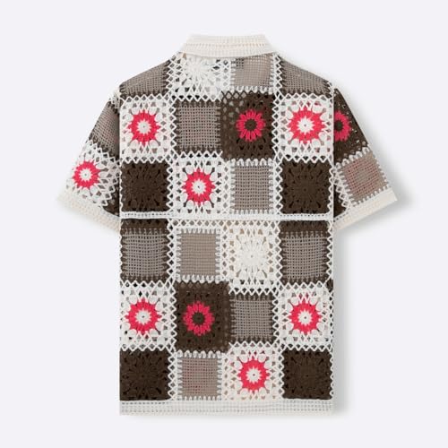 Mens Crochet Button Down Shirt, Mens Knit Shirts Short Sleeve Vintage Hollow Floral Beach Vacation Crochet Top3