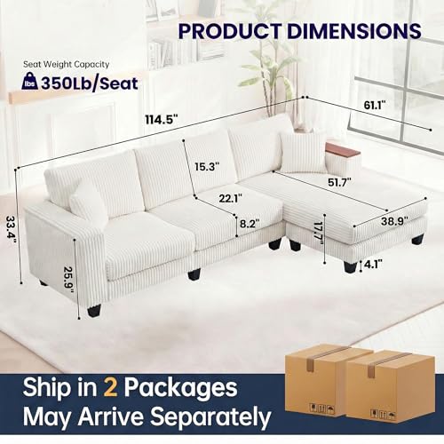 Image of 114 inch Cloud Sectional Couch with L-Shape Reversible Chaise, Modern Corduroy L Shaped Couch with 2 Pillows & Storage Armrests, 4 Seater Sectional Couches for Living Room, Plush Corduroy, White