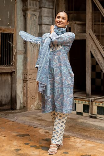 Image of MIRCHI FASHION Women's Straight Fit Pure Cotton Embellished Floral Printed Kurta Set with Dupatta and Trouser