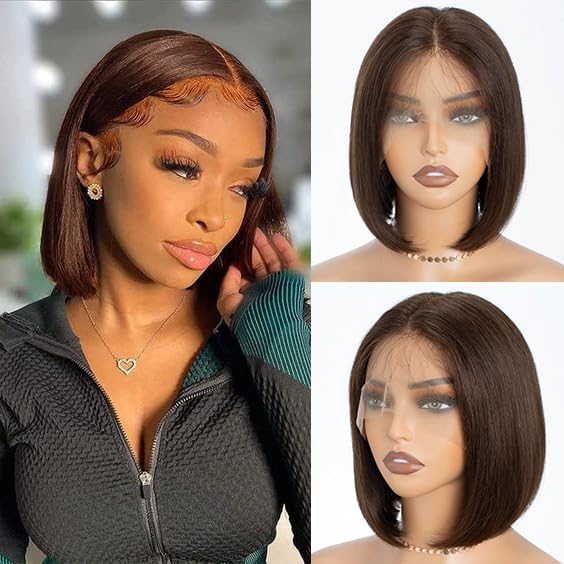 DÉBUT Medium Brown T Part Short Bob Wigs Lace Front Human Hair Wigs for Black Women Brazilian Virgin Straight Hair Middle Part Wigs Chocolate Brown 8 Inch