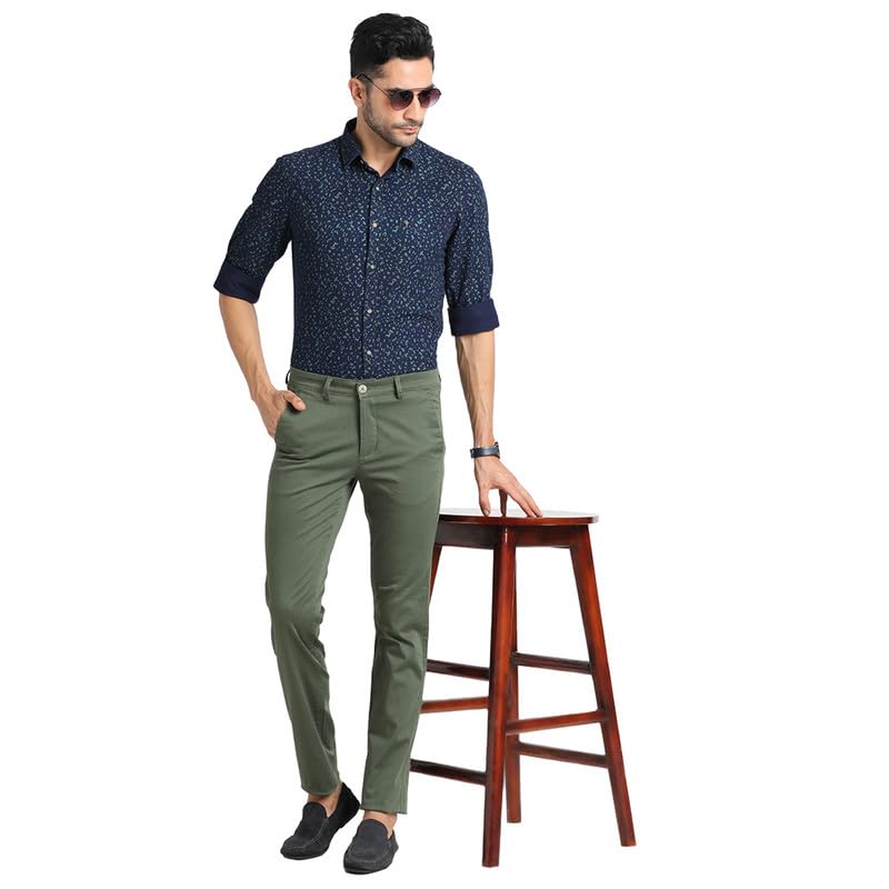 Image of Turtle Men Cotton Stretch Olive Printed Narrow Fit Flat Front Casual Trouser