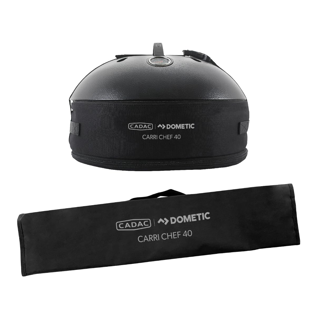 CADAC- Carri Chef 40 Gasgrill – 60 x 60 x 86 cm - Mobiler Campinggrill mit Grill2Braai-Platte, Panhouder, Paellapfanne & Deckelthermometer - Inkl. Tragetasche - 50mBar - Stahl & Kunststoff