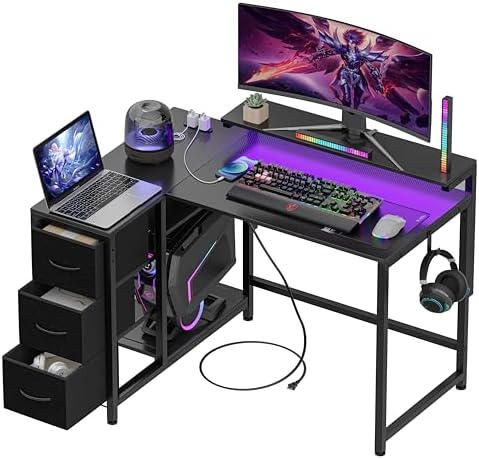 （19:00時点） LunarLight PCパソコンデスク 幅108奥行き80高さ71.8cm テレワーク L型デスク・左右組み換え自由 3段調節モニター台（10～33.5cm対応） 引き出しとコンセント付き 収納たっぷり ゲーミングデスク オフィスデスク 書斎 収納ラック付き(カーボンファイバーブラックCBK)