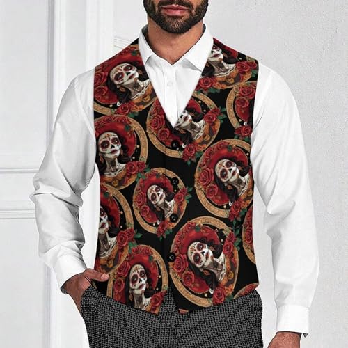 Day of The Dead Rose Skull Goth Men's Suit Vests Business Formal Dress Vest V-Neck Waistcoat for Wedding Casual2