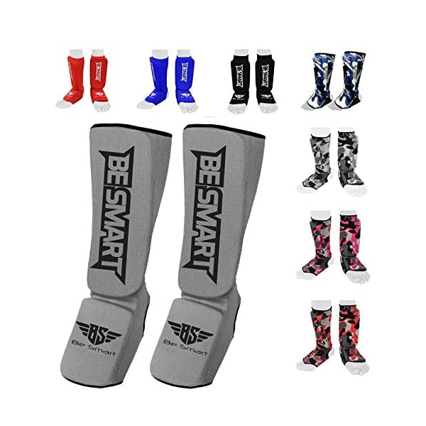 Be Smart Kids, Adults, Youth, Men and Women Muay Thai MMA Kickboxing Shin Guards, Instep Guard Training, Sparring Protective Gear Equipment Shin Kick Pads (Gray Black, XXS (9 to 13 Years))