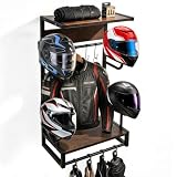Normodic Supporto per casco da moto, da parete, con 4 supporti per casco, 2 ripiani, 4 clip e 5 ganci, porta casco e giacca per garage officina, gancio da parete per gilet tattico casco