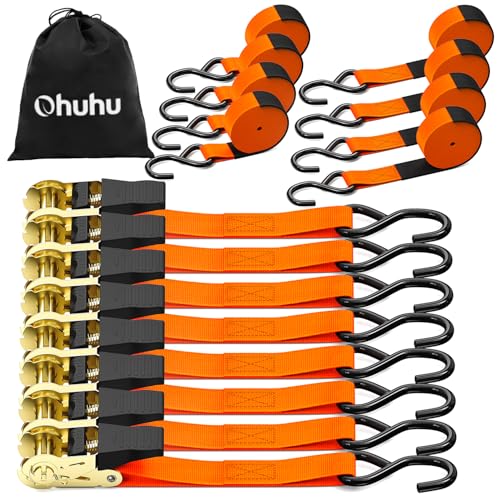 Ohuhu Ratchet Tie Down Straps 1" x 15', 8-Pack, Orange