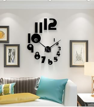 DIY 3D Wall Clock Large Frameless Watch Mirror Surface Wall Art Clock for Living Room Bedroom Office Hotel Wall Decoration DIYL189-Black