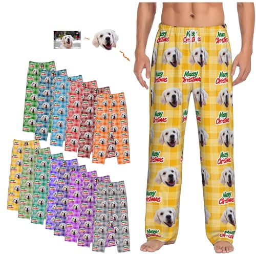 Custom Pajamas Pants Plaid, Men's Personalized Christmas Custom Face Pajamas with Photo Husband Bottoms Sleepwear Gifts for Women Dog Pet Face
