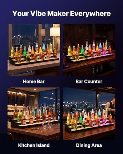 Image of VEVOR LED Lighted Liquor Bottle Display, 3 Tiers 48 inches, Acrylic Illuminated Home Bar Shelf Display with RF Remote & App Control, DIY Setup with Type-C Cables, 9 Static Colors, for 36-48 Bottles