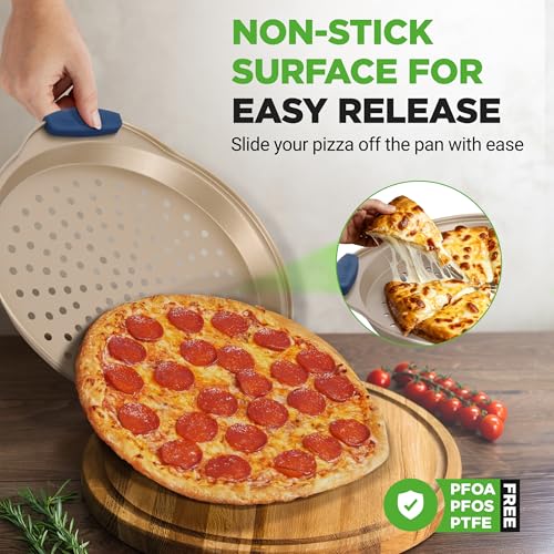 Image of NutriChef 3-Piece Pizza Tray Set with Silicone Handles - Round Nonstick Pizza Pan with Perforated Holes, Durable Carbon Steel, Small, Medium, Large Sizes - Ideal for Crispy, Evenly Baked Pizzas (Gold)