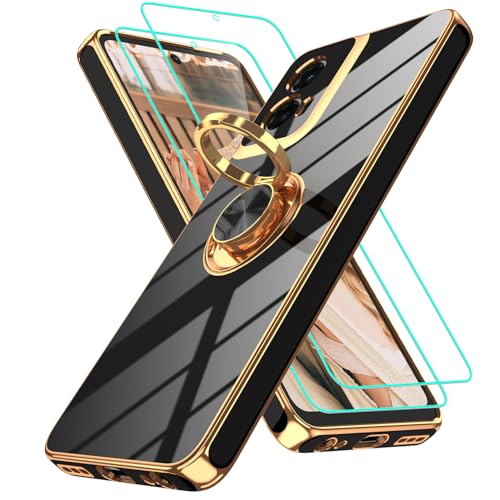 for Motorola Moto G 5G 2024 Case: Moto G Play 5G 2024 Case with 2Pcs Screen Protector,360° Rotation Ring Holder Magnetic Kickstand,Plating Gold Edge Soft TPU Protective Cover, Black