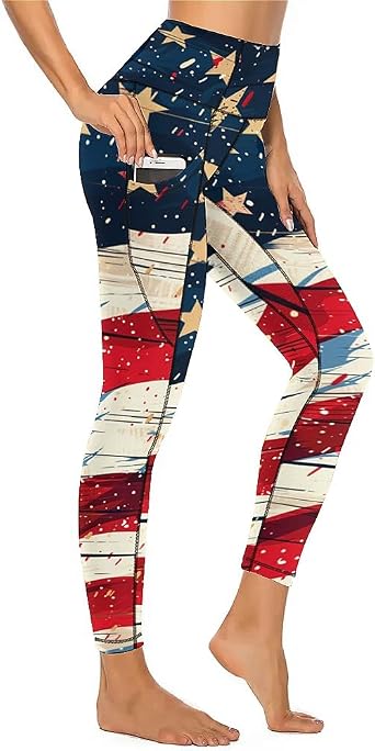 KevaMolly Womens Workout Leggings with Pockets 4th of July High Waisted Tummy Control Stretch Activewear Running Yoga Pants