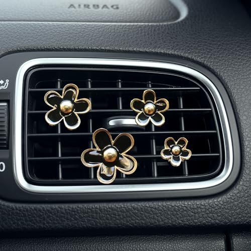 Image of 4PCS Car Daisy Flower Air Vent Clip, Cute Auto Outlet Air Conditioning Clip, Sweet Girly Vehicle Fresheners Gift for Women Girls, Car Interior Decor Universal Fit (Black, Vanilla)