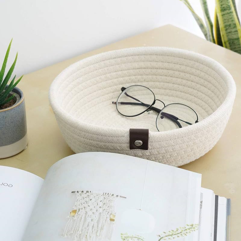 Image of Handmade Jute Cotton Storage Baskets Set of 3 for Dining Table, Fruit Basket & Roti Bowl, Cane Style Organizer for Kitchen, Home Decor, Washable Multipurpose (White)
