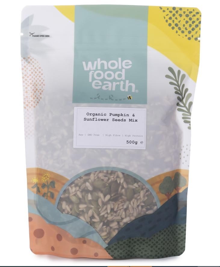 Wholefood Earth - Mezcla de semillas de calabaza y girasol ecológicas, crudas, 500 g, sin transgénicos, veganas, altas en fibra, altas en proteínas, con certificación ecológica