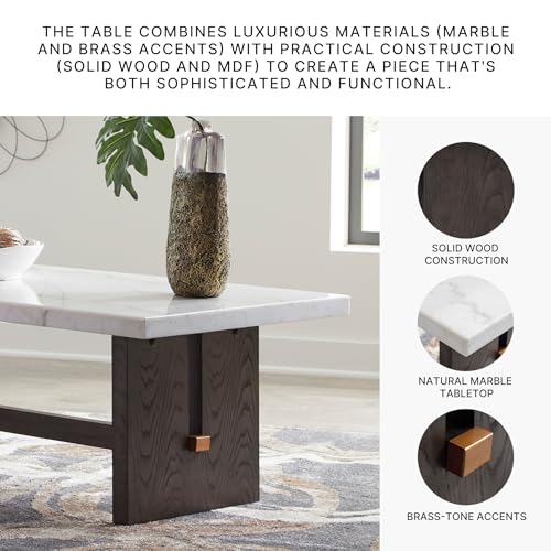 Signature Design by Ashley Burkhaus Traditional Rectangular Coffee Table with Marble Tabletop, Dark Brown & White - Image 6