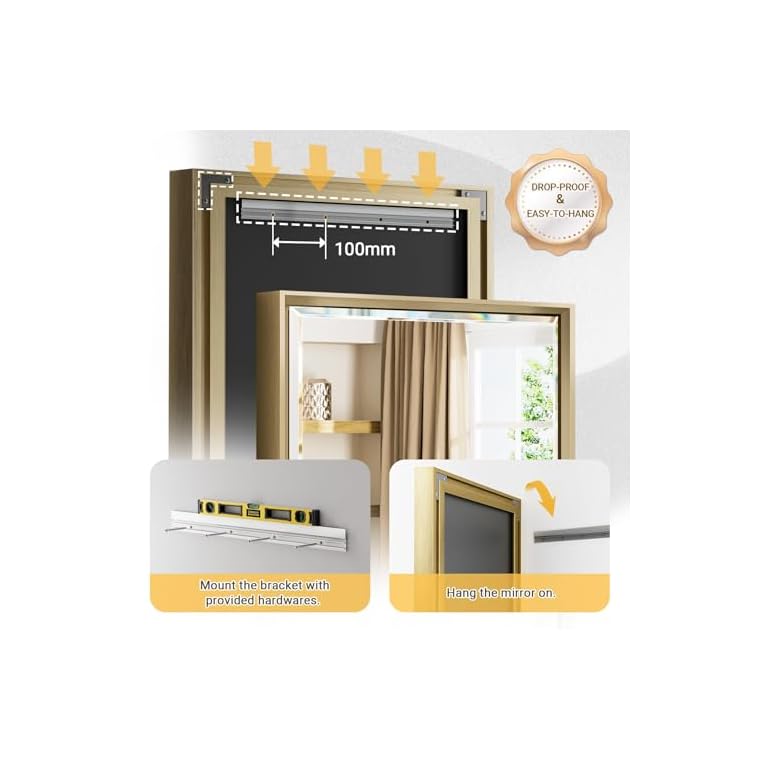 QueenFun Gold Bathroom Mirror, 22x30 Brushed Gold Bathroom Mirror Beveled Edge, Gold Framed Rectangle Bathroom Vanity Mirror, Anti-Rust Brushed Brass Metal Frame Wall Mirror Vertical/Horizontal - Image 6
